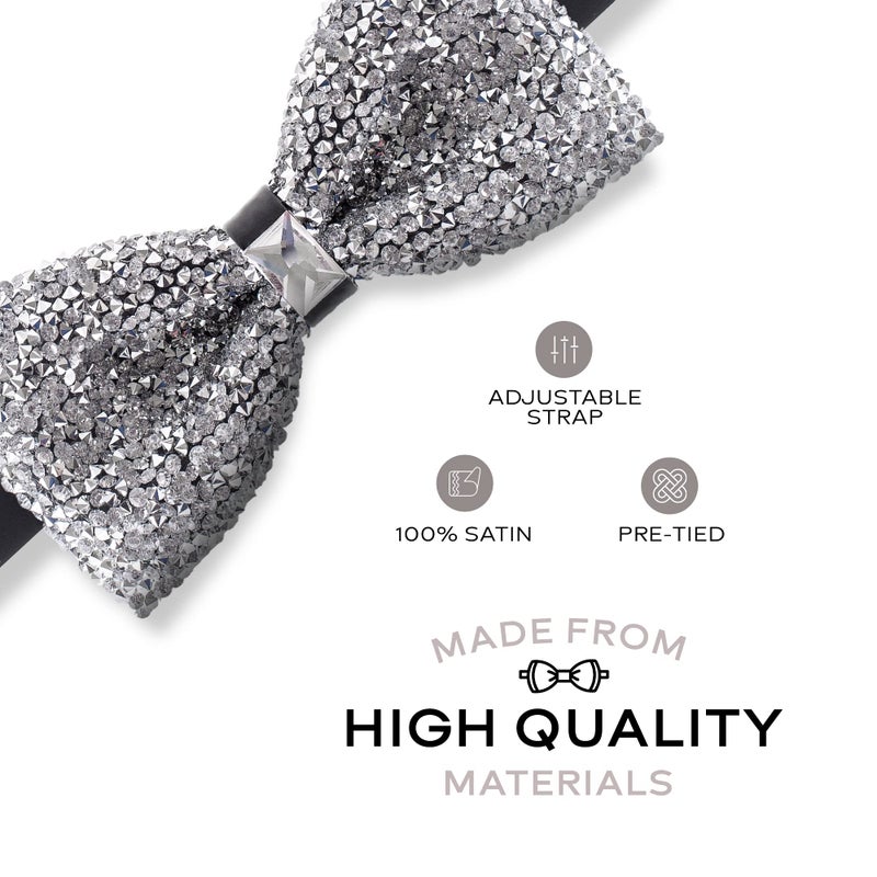 Man of Men Silver Bow Tie for Men, Rhinestone Bow Ties for Men, Pre Tied Sequin Bowties with Adjustable Length, Huge Variety Colors Available (Jewels - Silver) - Image 2
